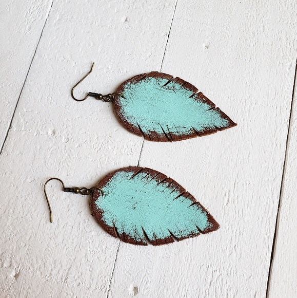 2 Inch | Rustic Leather Feather Earrings - Picture 2 of 5